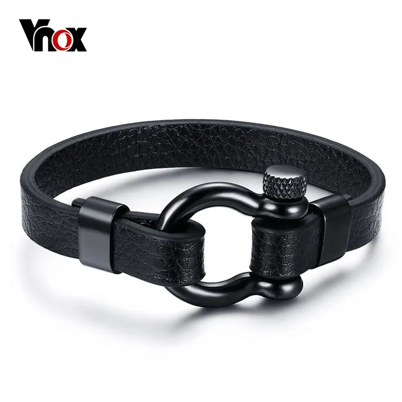 Vnox черный из натуральной кожи браслет Нержавеющая сталь Винт кнопку Дизайн