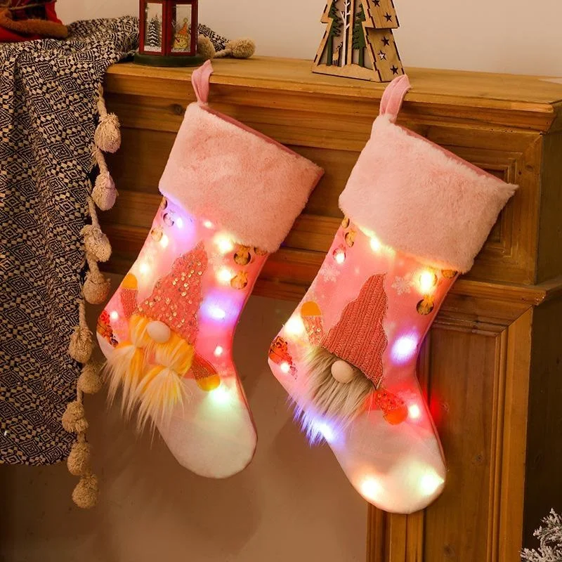 

Christmas Decoration Xmax Socks Pink with LED Lights Glowing Rudolph Stocking Children Holiday Gift Bag Boys Girls Gifts