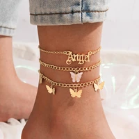 docona 3pcssets fashion colorful butterfly anklets for women letter angle alloy metal adjustable foot chain jewelry gift 17410