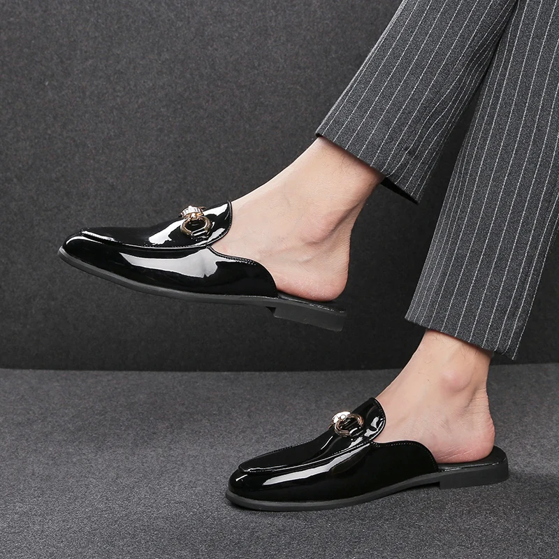 Mens Slipper Boots Fashion Men Shoes Male Black Leather Half Slippers Casual Sandals Summer Mens Italian Lattice Design Big Size images - 6