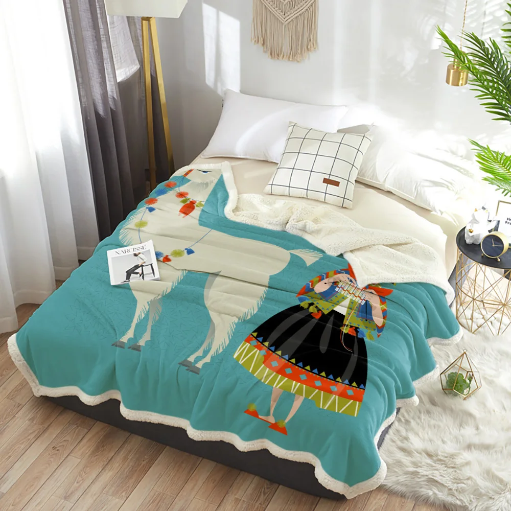 Comic Alpaca Female Traditional Cartoon Velvet Home Sofa Watching Blanket Sherpa Warm Fleece Travel Quilt | Дом и сад