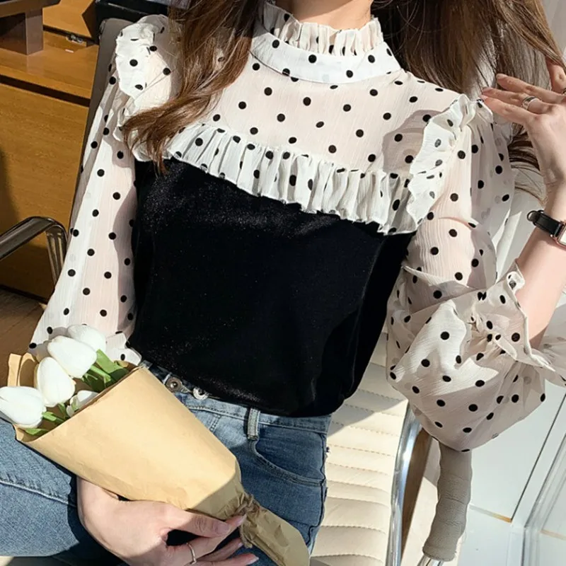 

New French Style Stand-up Collar Fungus Lace Polka Dot Shirt Women Spring Wild Stitching Velvet Long-sleeved Chiffon Shirt Large