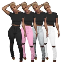 black pink gray white streetwear elastic hollow out trouser casual long pants for women small flared folds skinny ripped pants