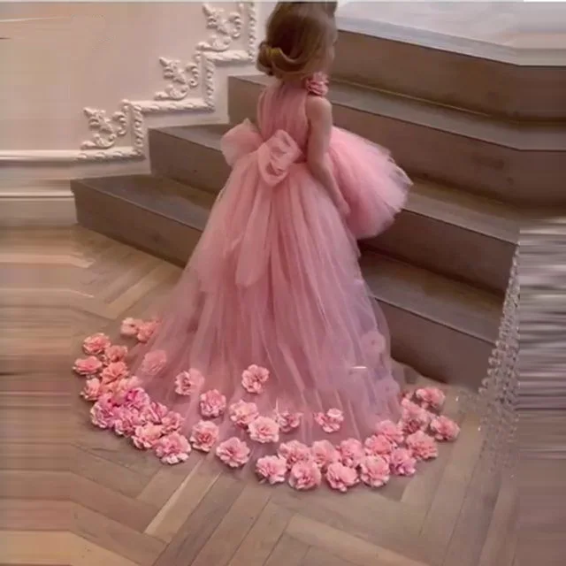 

Прекрасное Розовое Бальное Платье с цветочным принтом для девочек, платья для невествечерние с высоким воротом, 3D Цветочная аппликация, бан...