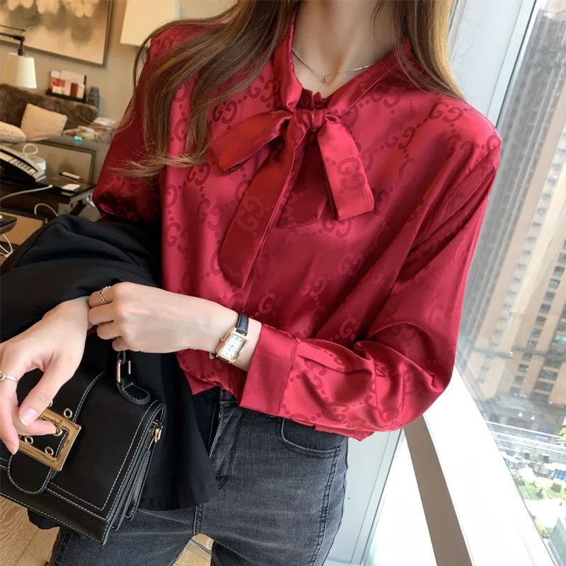 

Jane Deiune New Spring Women Print Loose Long Sleeve Blouses Chic Streetwear Lady Bow Stain Slim Tops
