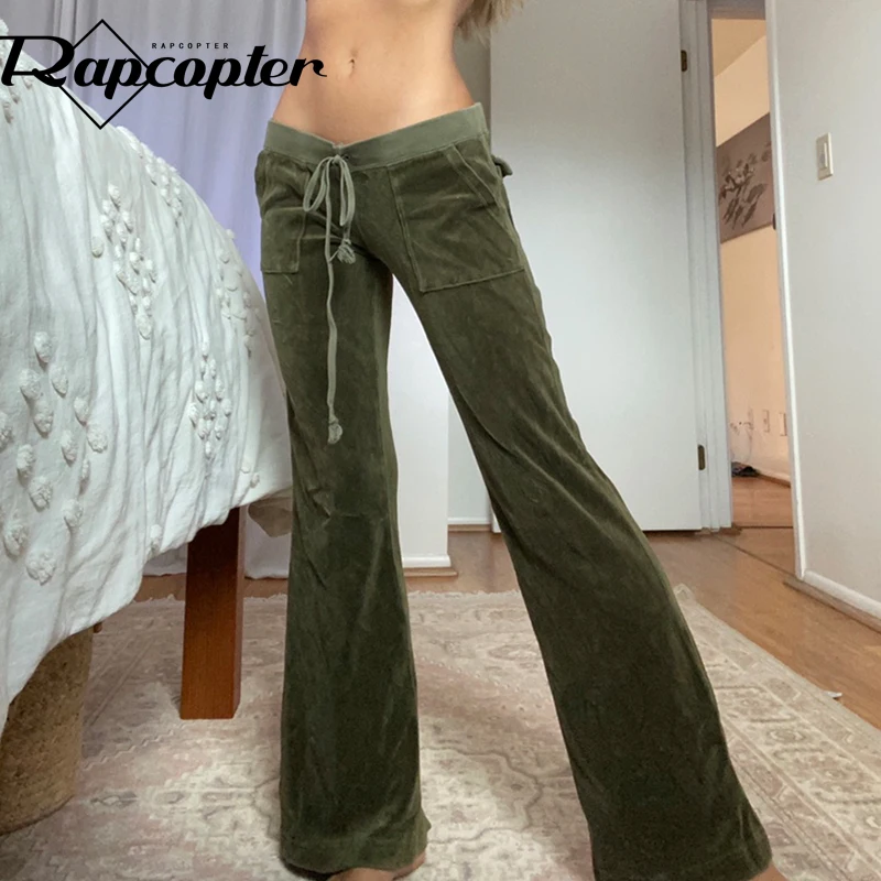 

Rapcopter Velvet Bandage y2k Pants Loose Casual Trousers Metal Pockets Elastic Waisted Straight Joggers Women Casual Sportwear