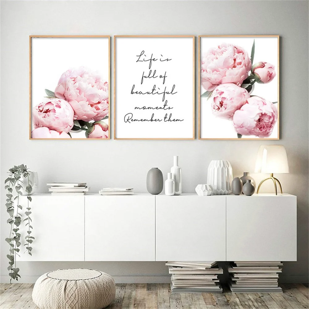 Розовый пион Холст плакат скандинавский принт мотивирующей текст Цитата