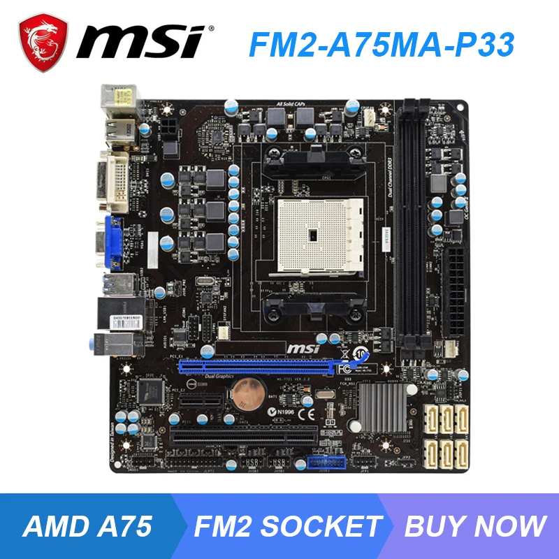 

MSI FM2-A75MA-P33 Socket FM2 AMD A75 Desktop PC Motherboard DDR3 16GB AMD A8-5600K A6-6400K Cpus DVI USB3.0 SATA3 PCI-E X16 Slot