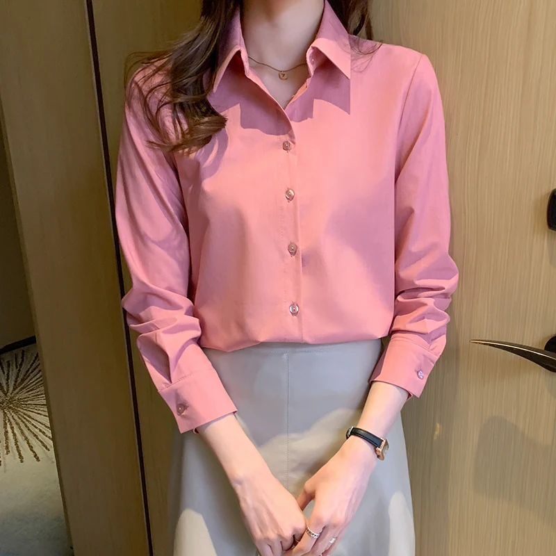 Korean Women Shirts Chiffon Blouses Women Long Sleeve Shirt Elegant Woman Pink Shirts Tops Plus Size Office Lady Basic Blouses