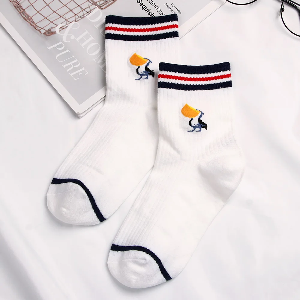 1 пара модных мультяшных носков с принтом пингвина вороны попугая женские белые