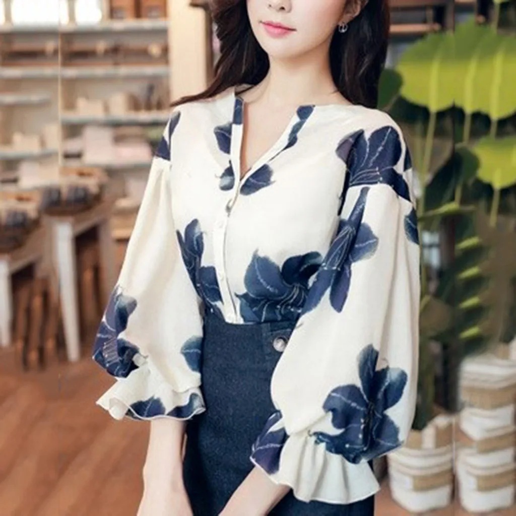 Женская рубашка с длинным рукавом V образным вырезом и принтом|Футболки-поло| |