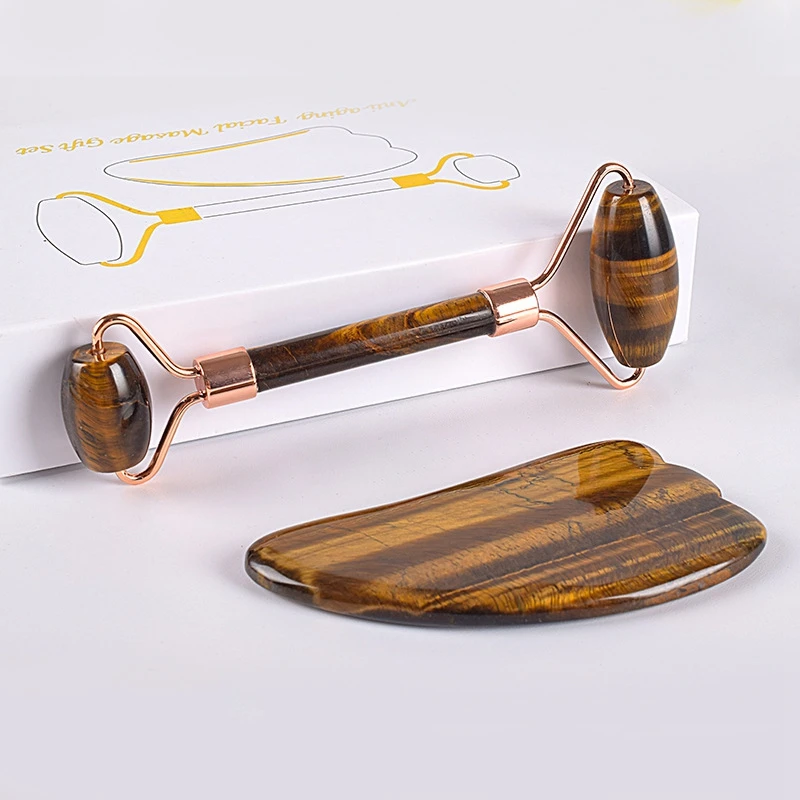 

1Set/2Pc Natural Tiger Eye Stone Massager Crystal Roller Jade Claw Scraping Board Set Wrinkle Beauty Health Care Tools
