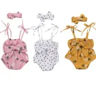 Комбинезон для маленьких девочек 0-24 мес., повязка на голову, 2 шт., комбинезоны без рукавов с цветочнымв горошек и бантом на поясе, комбинезон на лямках из хлопка для маленьких девочек