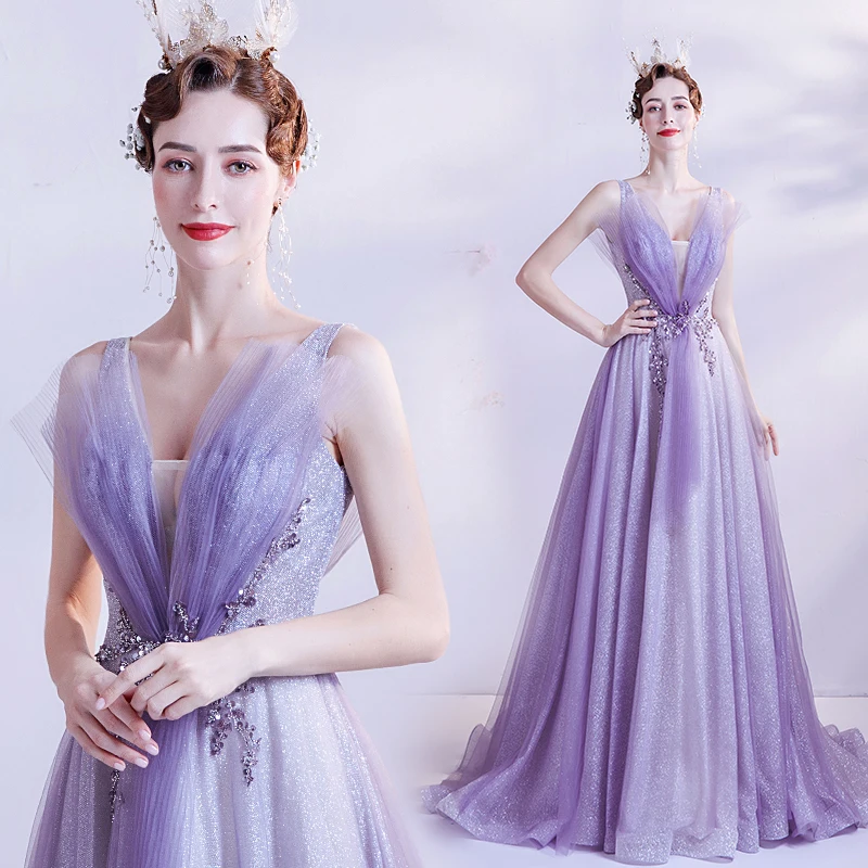 

Long Elegant Purple Evening Dress Chiffon V Neck Elegant Evening Gown vestidos de fiesta robe de soirée femme