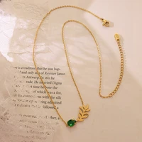 yaonuan creative sweater chain green zircon leaf pendant necklace for women gold plated titanium steel jewelry anniversary gifts