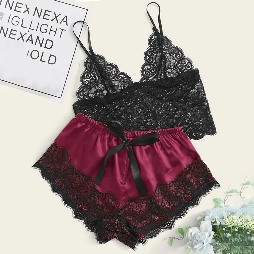 Sexy Lingerie Pyjamas Women Satin Sleepwear Lace Silk Print Cami Shorts Bow Bra Set Underwear Pyjama Femme Pizama Damska#W