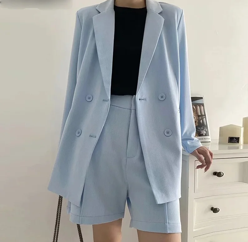 

Женский костюм в минималистском стиле, комплект из 2 предметов, синий однотонный Блейзер, шорты, брюки с высокой талией, Женский костюм на осень