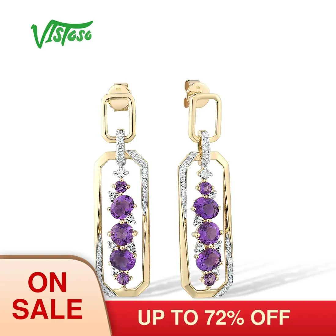

VISTOSO Genuine 9K 375 Yellow Gold Earrings For Women Shiny Diamond Purple Amethyst Dangling Earrings Wedding Party Fine Jewelry