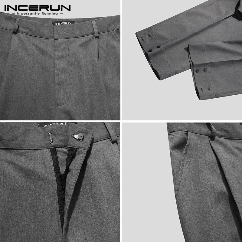 

INCERUN Korean Style Men Casual Pants Fashion Solid Color Button Trousers Man Leisure Zipper Straight Bottoms Hombre Baggy Pants