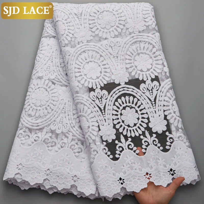 

SJD LACE Pure White Wedding Materials African Milk Silk Lace Fabric With Stones Embroidery French Tulle Fabrics For Party A2735