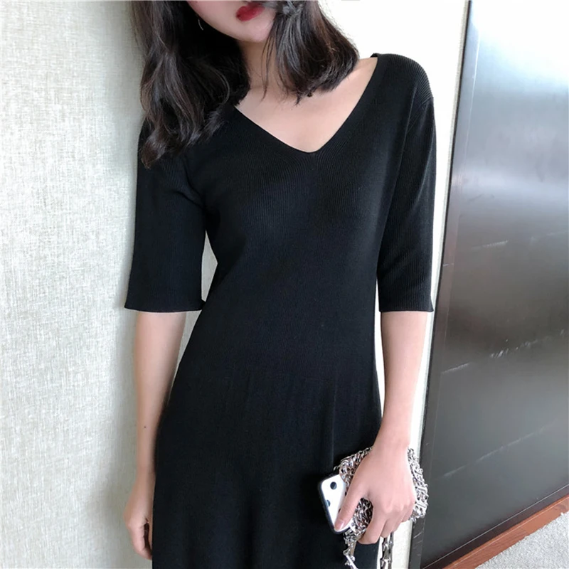 

New 2021 Spring Summer Dress Women Black Dress Korean Style Bottoming Elegant Casual V-Neck Solid Midi Dresses DR4684