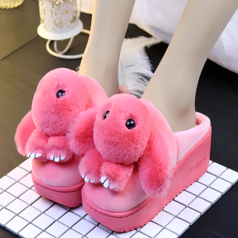 Искусственный мех Женские тапочки с зайчиком зимние теплые 5 см на высоком