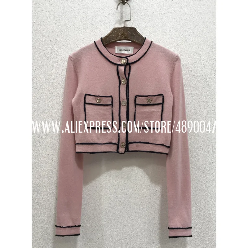 

Contrasting pockets soft and skin-friendly cashmere knit cardigan high-quality women's slim slim waist short pink top