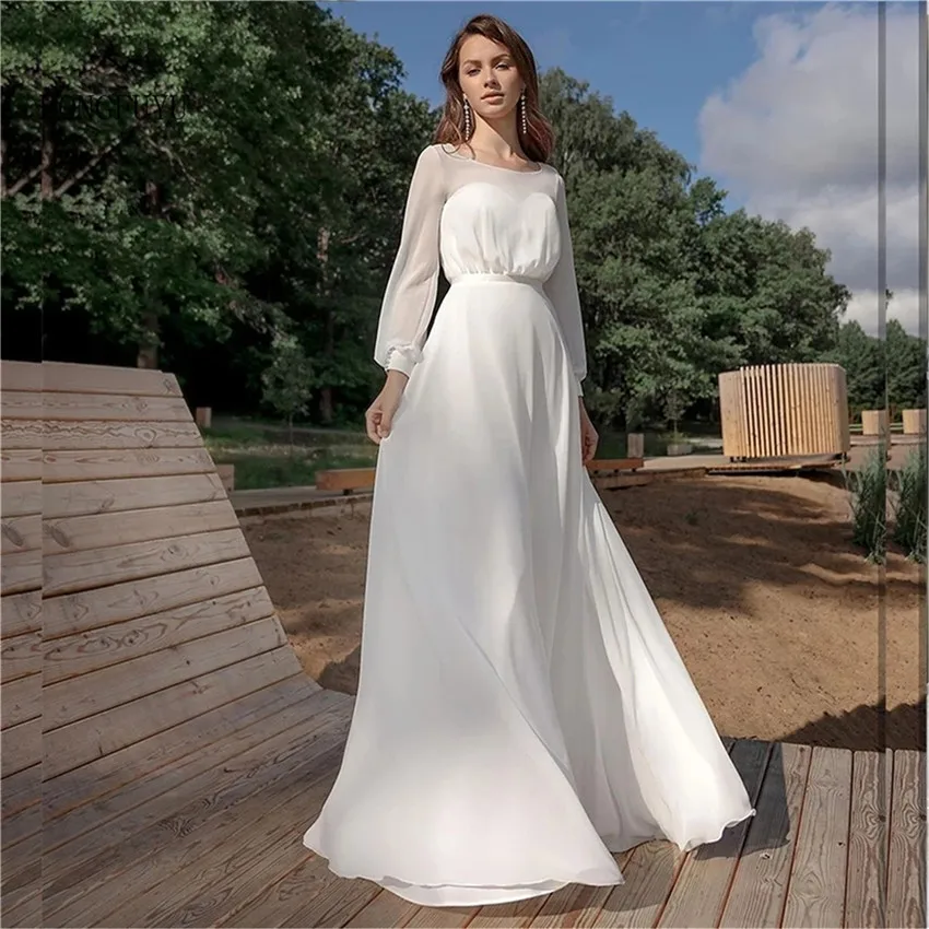 Chiffon Beach Wedding Dresses O-Neck Long Sleeves Sheer Neckline Bride Dresses Backless A-Line Bridal Gowns