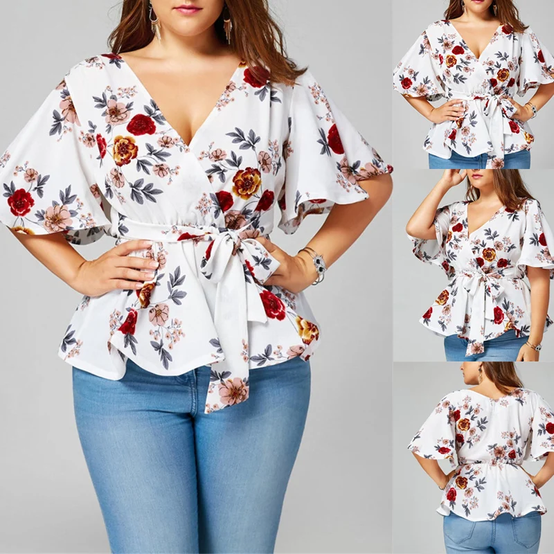 

Women V Neck Half Sleeve Printing Fashion Breathable Chiffon Top for Summer Beach BMF88