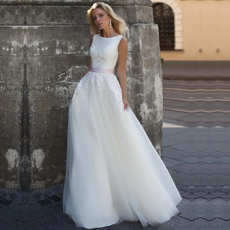 

Свадебное платье с круглым вырезом 2022 Robe De Mariee Mariage кружевные аппликации с поясом винтажные тюлевые свадебные платья