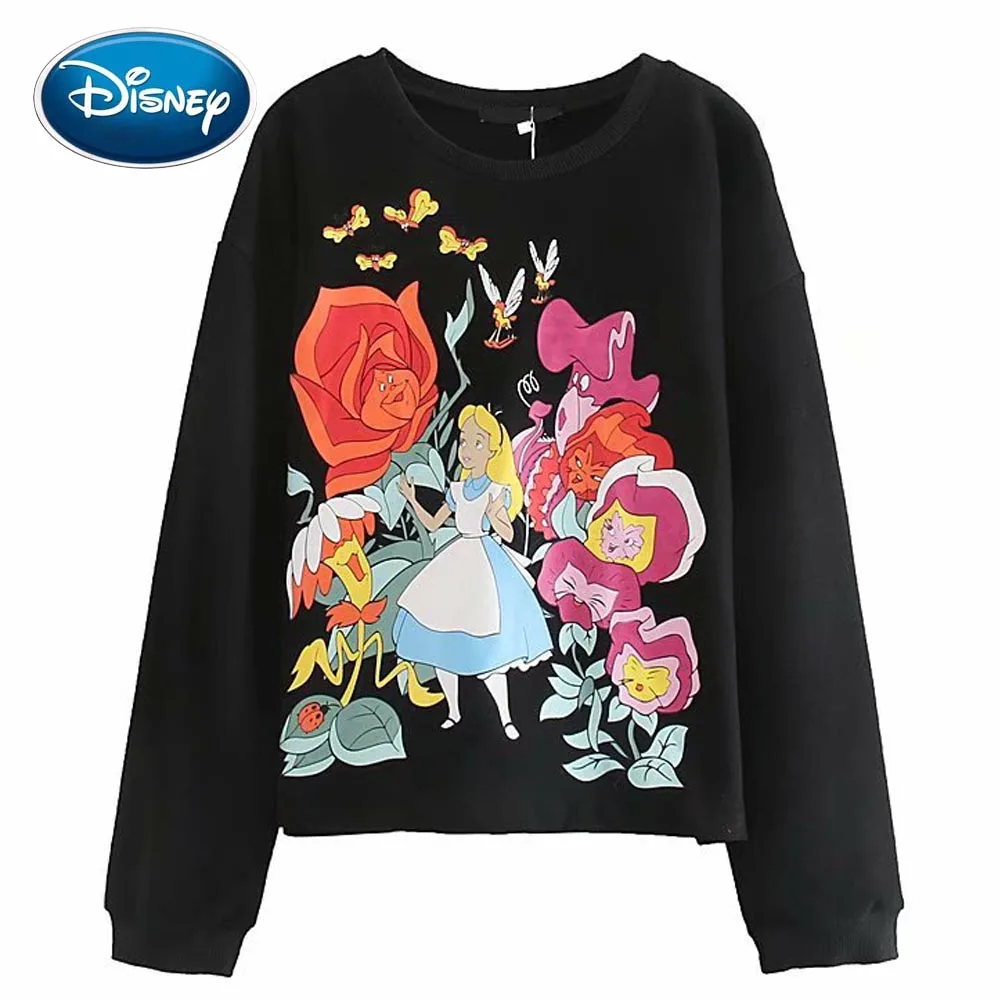 Disney Стильная Милая Алиса в стране чудес мультфильм цветочный принт Черная футболка с круглым вырезом пуловер Модные женские свободные топы с длинным рукавом