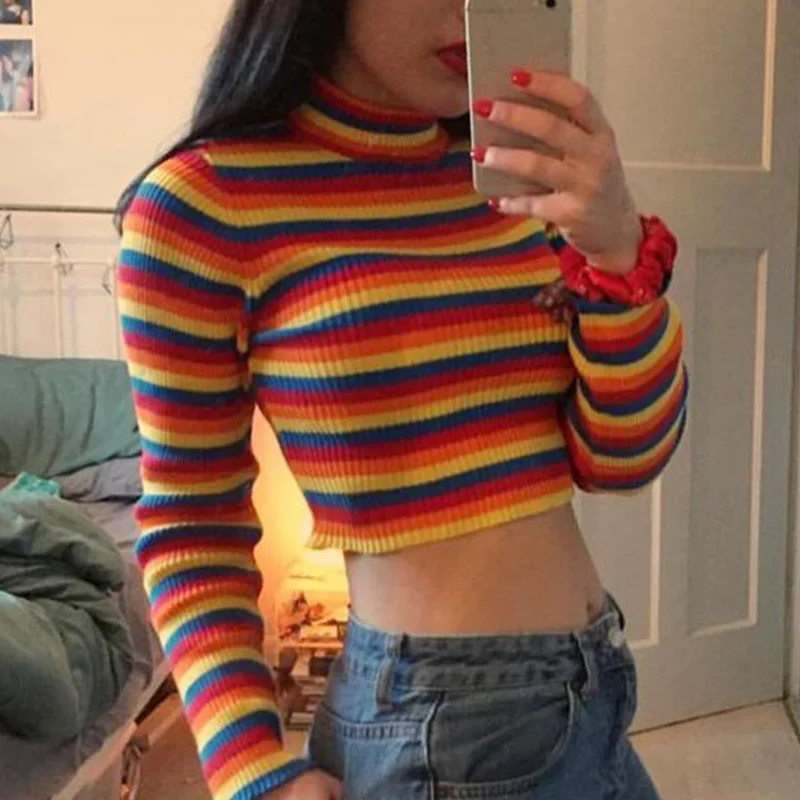

Rainbow Stripes Pullover Women Sweater Half High Collar Long Sleeve Fashion Streetwear Slim Lady All-match Sweaters Autumn 2021