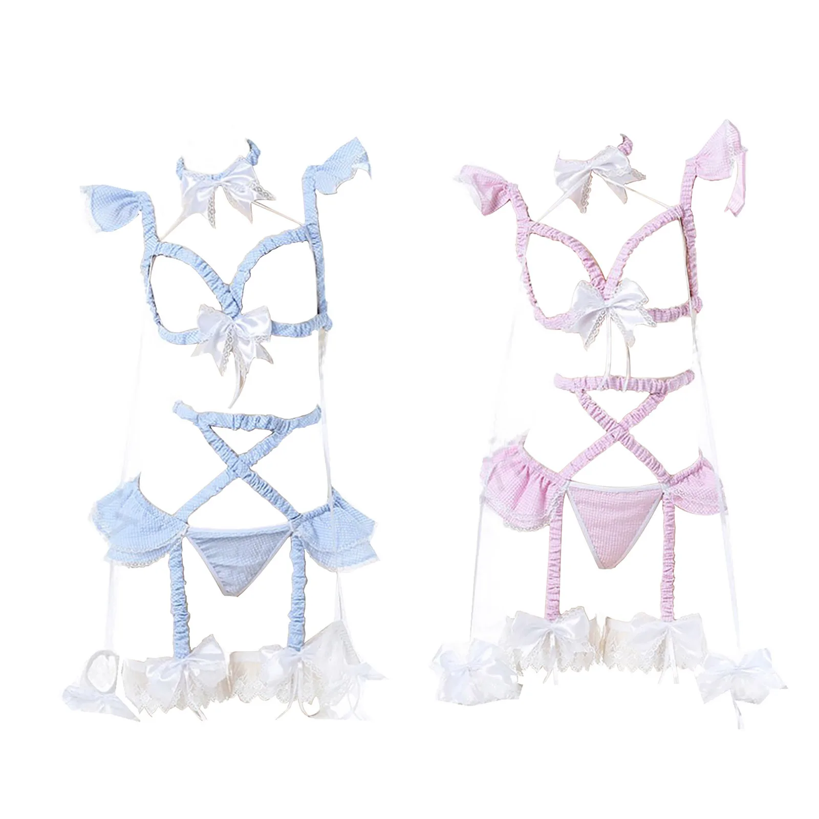 

Женское клетчатое ажурное нижнее белье, комплект с рукавами-крылышками, бантом на шее, кольцом, бюстгальтером с плиссировкой, стринги с подв...