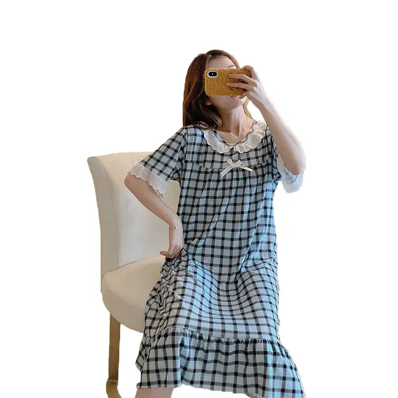 Летние Ночные сорочки женское милое квадратное ночное белье в клетку кружевное