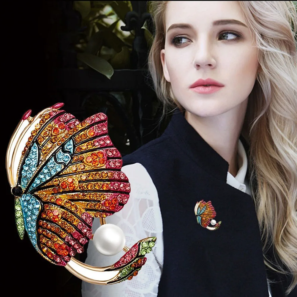 Женская модная Элегантная Брошь в виде бабочки Стразы с жемчугом животное