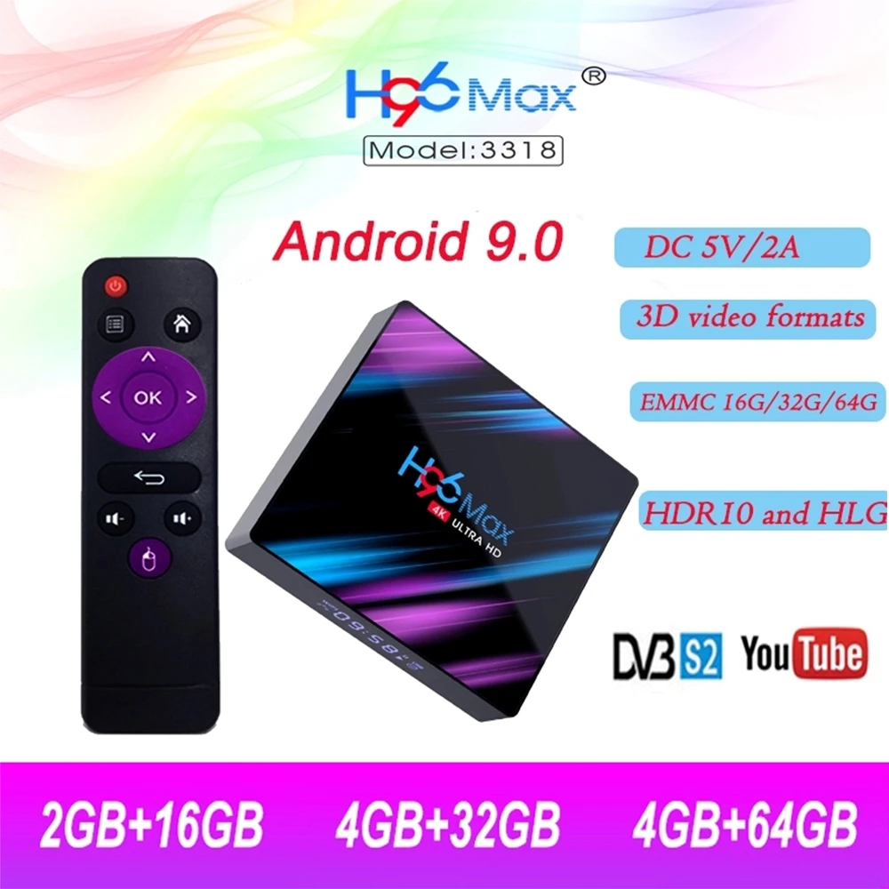 Смарт ТВ приставка H96 MAX на Android 9 0 4 Гб + 64 ГБ Bluetooth 4K четырехъядерный процессор Wi Fi