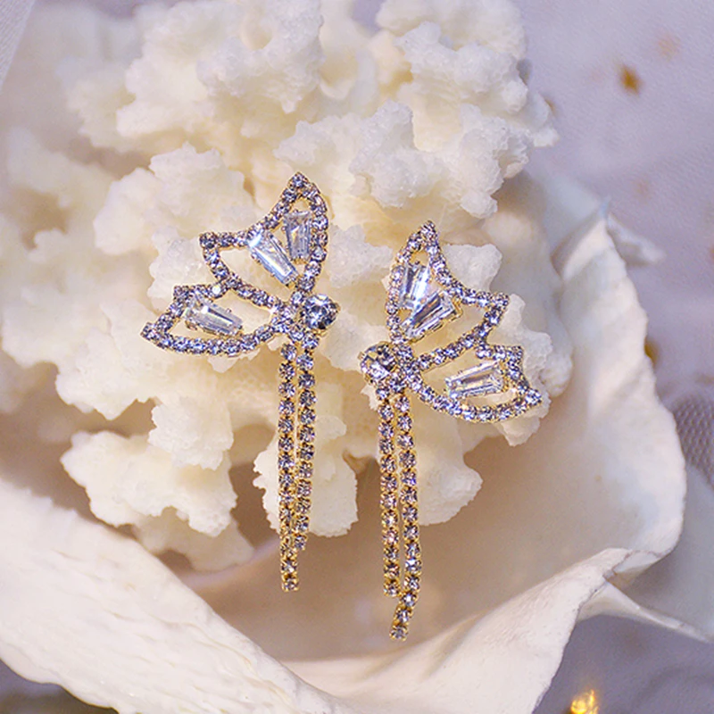 

New Trendy 14K Real Gold Plated Butterfly Wing Tassel Earrings for Women Jewelry AAA Zirconia S925 Silver Needle Stud Party Gift