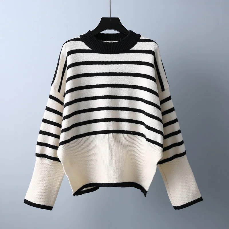 

Женский трикотажный свитер в полоску, белый и черный пуловер свободного покроя, элегантная офисная верхняя одежда для осени и зимы, 2021