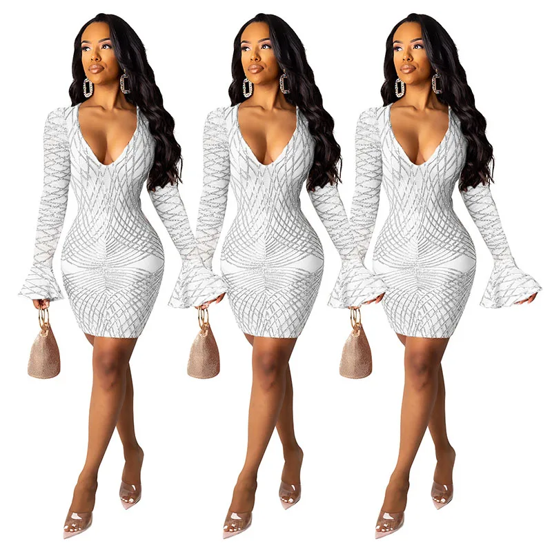 

Fashion Sequin Flare Sleeve Mini Dress Dresses Slinky Bodycon Woman Party Night Vestidos Autumn Dress Women