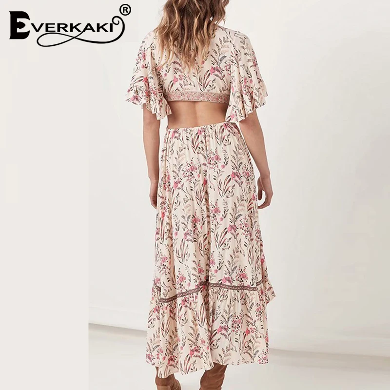 Женское платье с открытой спиной и принтом Everkaki Gypsy, богемное женское платье с глубоким v-образным вырезом и коротким передом и длинной спинкой, Новинка лета