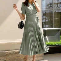korea office ladies short sleeve notched blazer dress 2020 summer women elegant slim waist lace up sashes pleated midi dress