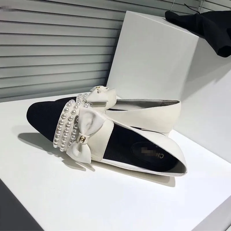 

small fragrant flat shoes student college style pearl chain bow single shoes