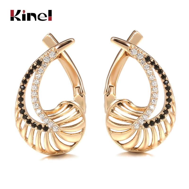 

Kinel Hot Black Natural Zircon Earrings Trend Jewelry 2021 Hollow Flower 585 Rose Gold Drop Earrings For Women Vintage Jewelry