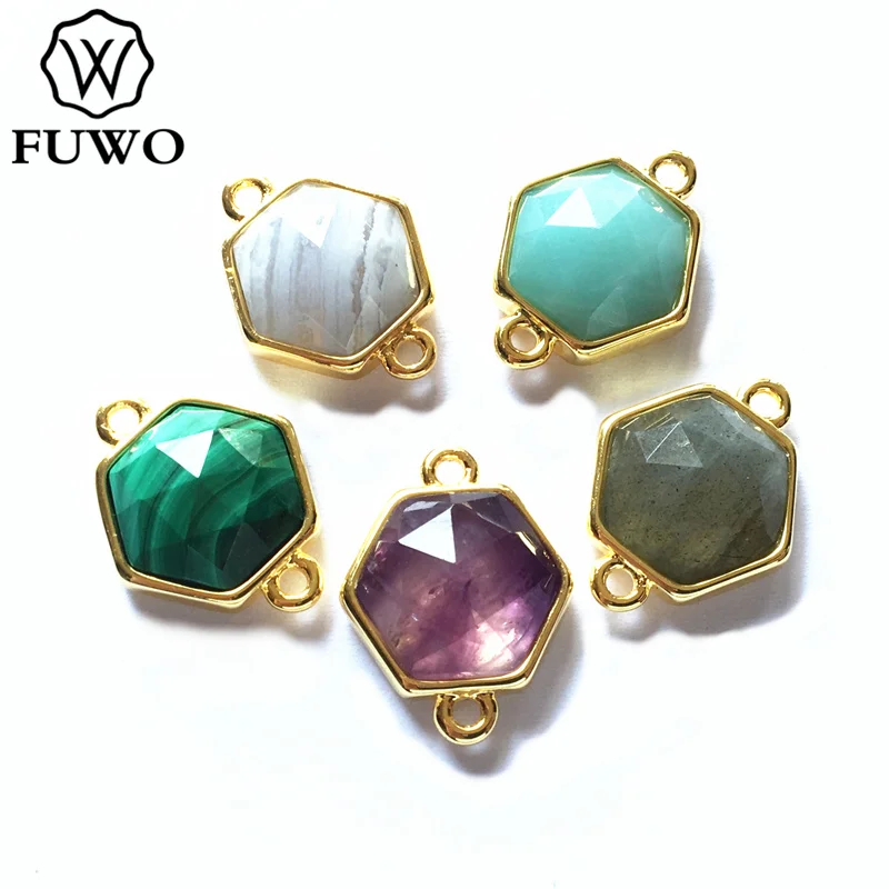 

FUWO Tiny Polygon Charms 12mm Natural Malachite Labradorite Amethysts Pink Quartz Sunstone Connector for Jewelry Making PD300