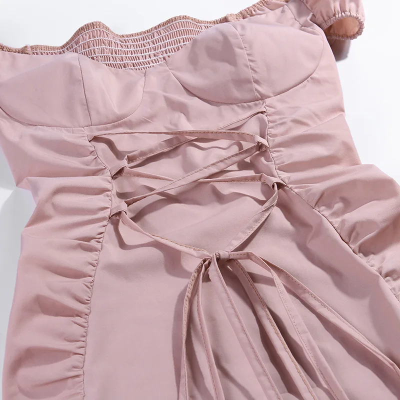 

Bangniweigou Short Sleeves Off Shoulder Lace Up Dress Women Backless Sexy Slim Pencil Dress Side Ruched Mini Dress Pink 2019