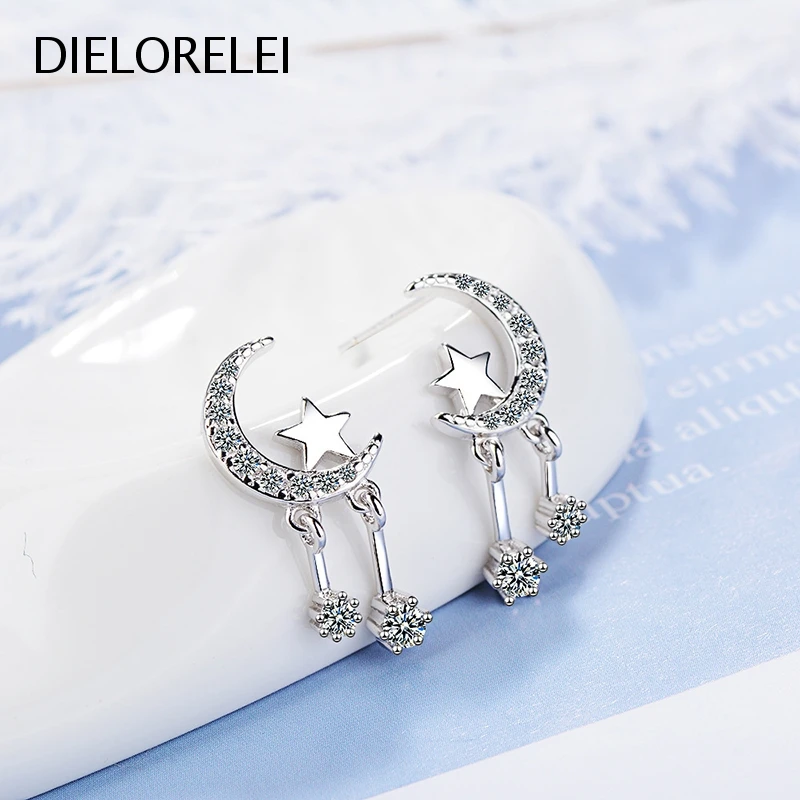 

DIELORELEI 925 Sterling Silver Moon Stars Crystal Dangle Stud Earrings Style Niche Jewelry For Women Eliminates Metal Allergies