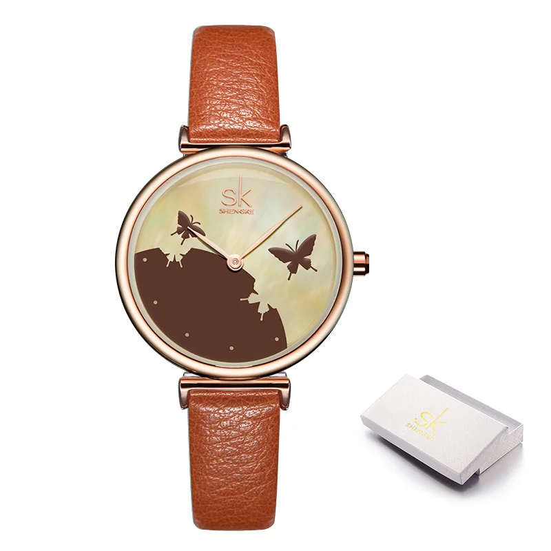 brown with box Shengke SK женские часы романтический Сельский циферблат кожаный ремешок для часов женские часы повседневные кварцевые наручные часы Montre Femme - Цвет: brown with box