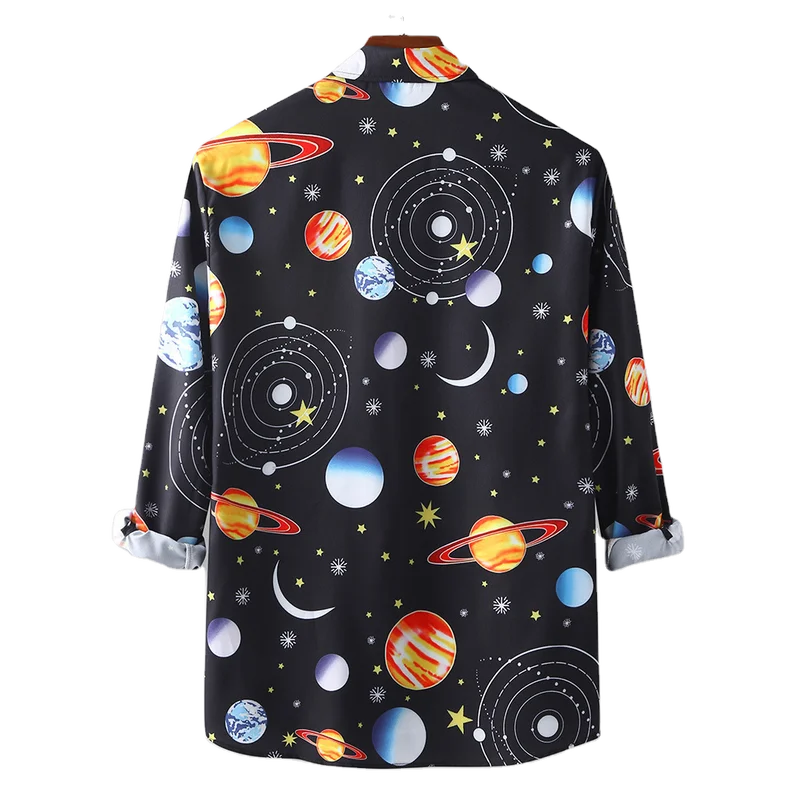 

Long Sleeve 3D Planet Printed Loose Mens Pullover Blouse Casual Button Down Baggy Lapel Shirt Tops Camisas Para Hombre