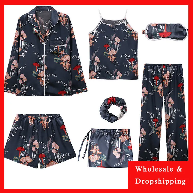 

Женская шелковая пижама для женщин, одежда для сна для девочек, комплект из 7 предметов, атласная пижама, Пижама, ночная рубашка, одежда для с...