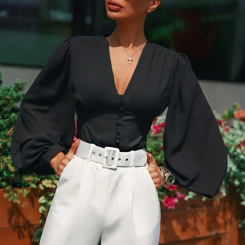 Винтажная Женская короткая блузка с пышными рукавами женская черная V образным